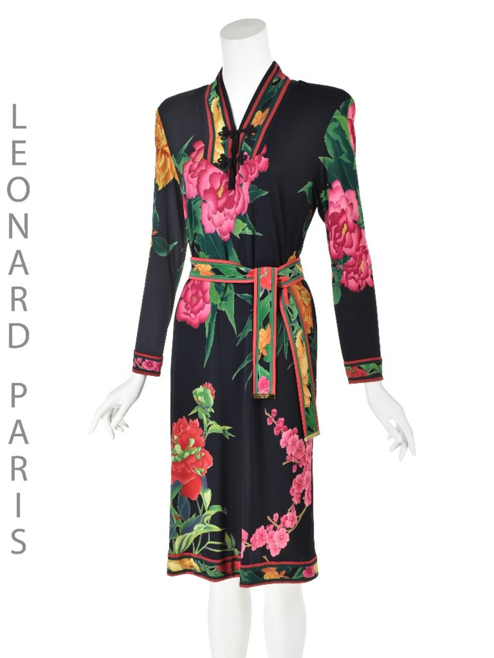 LEONARD PARIS 1980s Black Knit Shift Dress w/Asian Floral Print & Tie Belt SZ L